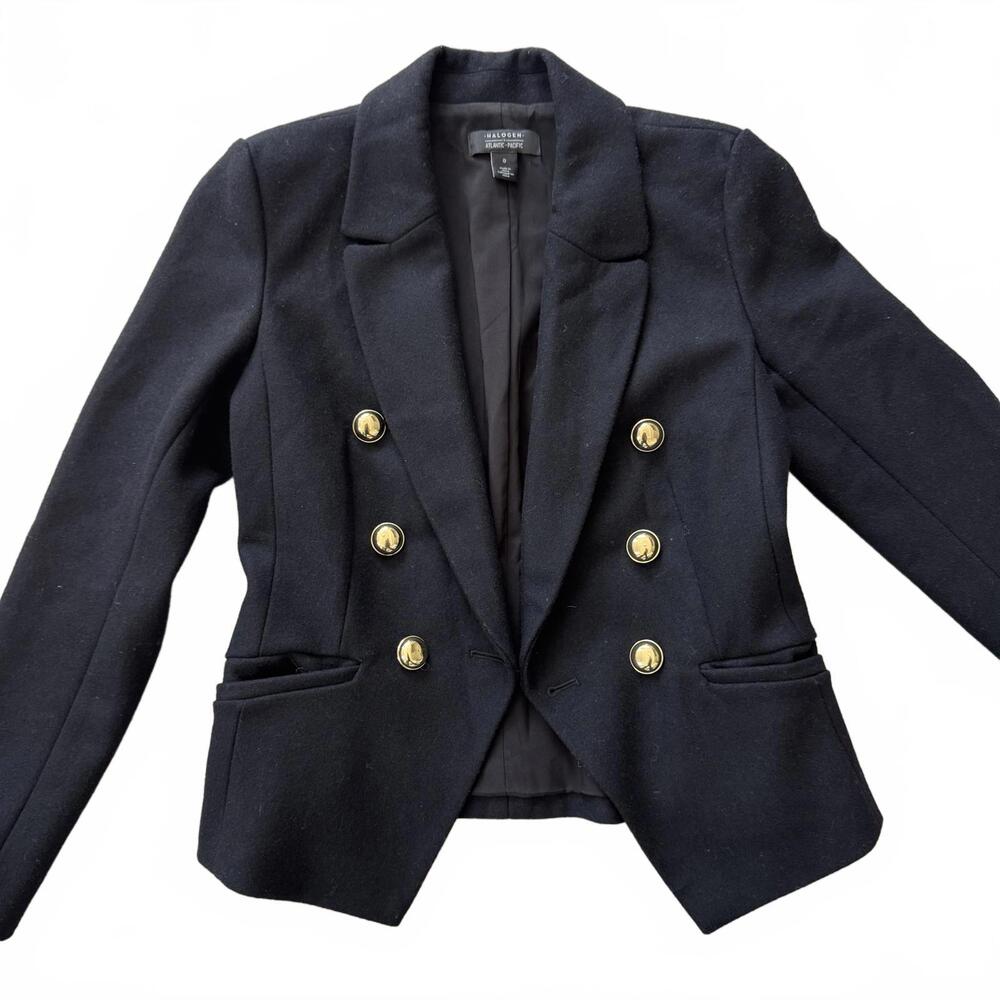 Halogen x Atlantic-Pacific Black Double-Breasted Wool blend Blazer Gold Button-0